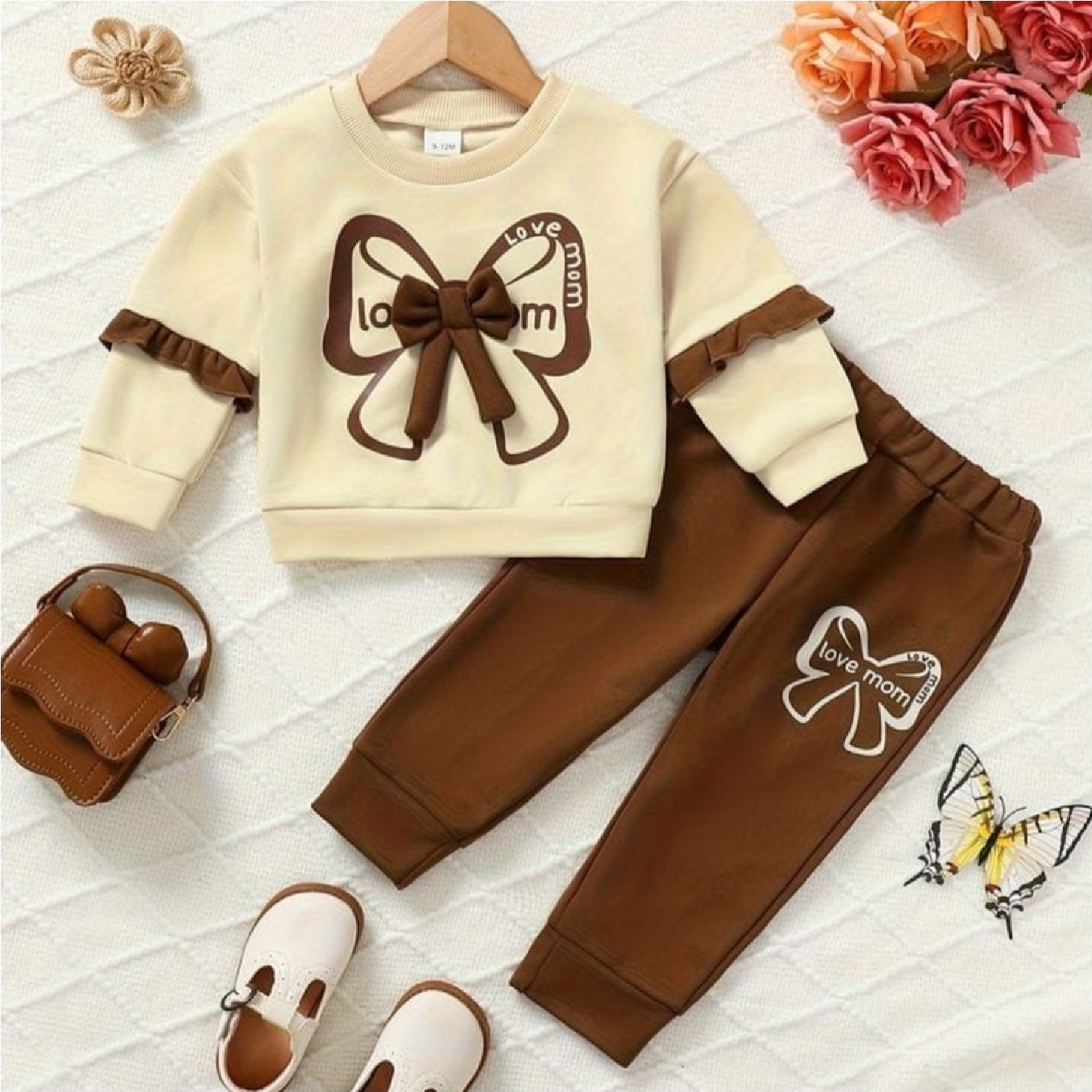 Cream Brown Printed Cotton T-Shirt And Pant For Kids